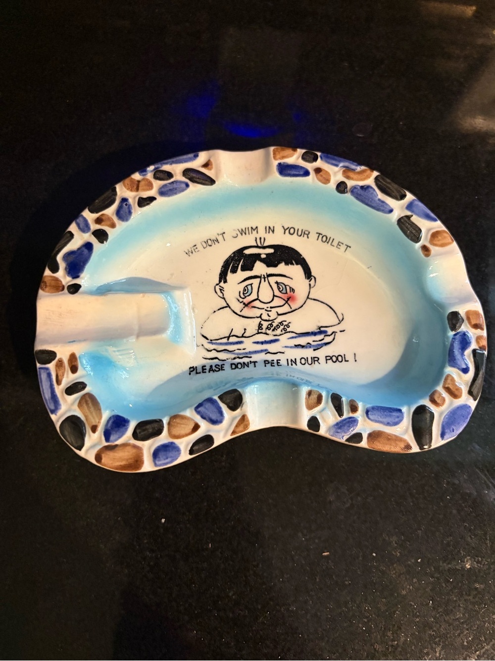 Vintage Pool-Shaped Ceramic Ashtray with Cartoon Graphic - Blue & White